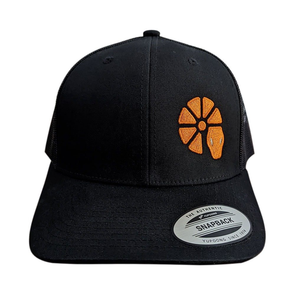 Embroidered Black Yupoong Flat Bill Five Panel Snapback Trucker