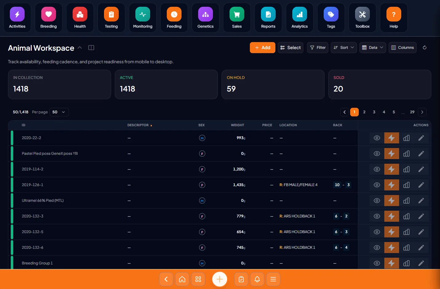 Husbandry.Pro Next activities view on desktop with bulk feeding and reporting tools